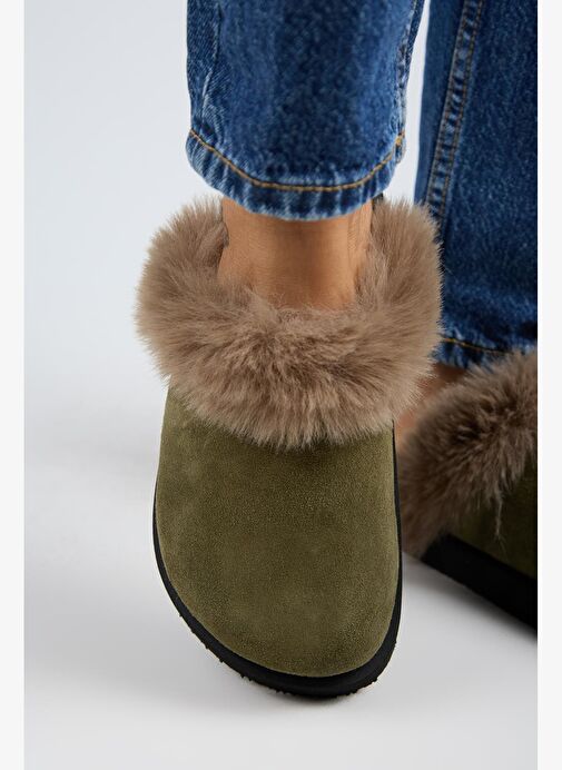 Manijero Ruzqahi Kürklü Kadın Deri Hakiki Deri Düz Platform Sabo Haki Terlik - Görsel 6