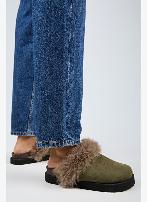 Manijero Ruzqahi Kürklü Kadın Deri Hakiki Deri Düz Platform Sabo Haki Terlik - Görsel 7