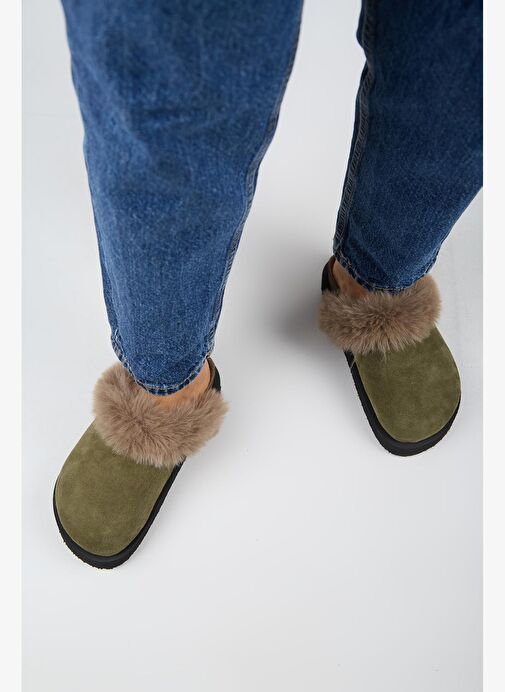 Manijero Ruzqahi Kürklü Kadın Deri Hakiki Deri Düz Platform Sabo Haki Terlik - Görsel 8