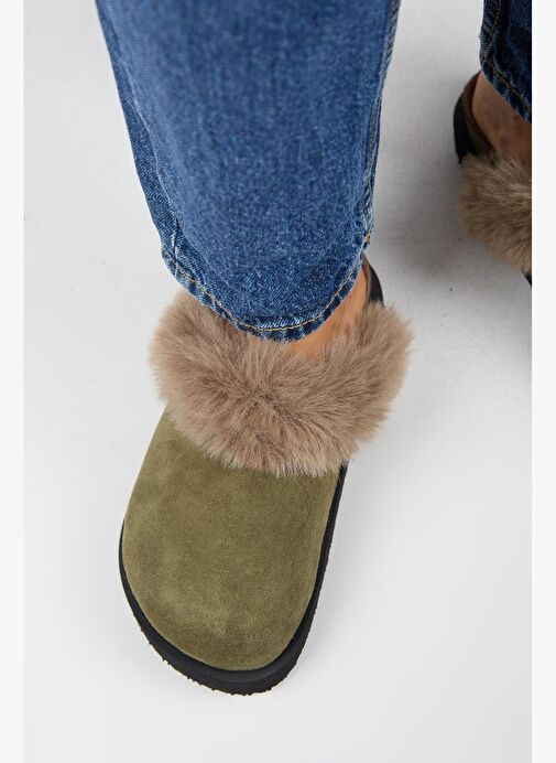 Manijero Ruzqahi Kürklü Kadın Deri Hakiki Deri Düz Platform Sabo Haki Terlik - Görsel 9