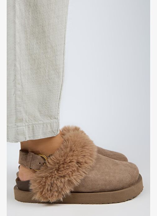 Manijero Antonella Kürklü Kadın Hakiki Deri Arkadan Kemerli Platform Sabo Vizon Sandalet - Görsel 2