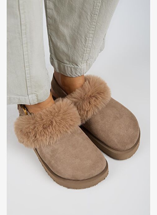 Manijero Antonella Kürklü Kadın Hakiki Deri Arkadan Kemerli Platform Sabo Vizon Sandalet - Görsel 3