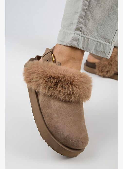 Manijero Antonella Kürklü Kadın Hakiki Deri Arkadan Kemerli Platform Sabo Vizon Sandalet - Görsel 4