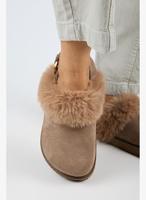 Manijero Antonella Kürklü Kadın Hakiki Deri Arkadan Kemerli Platform Sabo Vizon Sandalet - Görsel 5