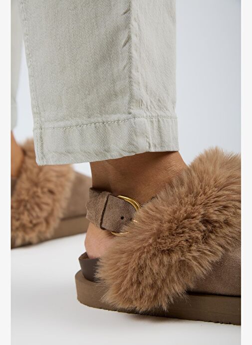 Manijero Antonella Kürklü Kadın Hakiki Deri Arkadan Kemerli Platform Sabo Vizon Sandalet - Görsel 7