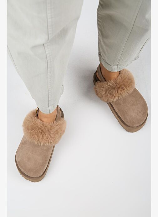 Manijero Antonella Kürklü Kadın Hakiki Deri Arkadan Kemerli Platform Sabo Vizon Sandalet - Görsel 8