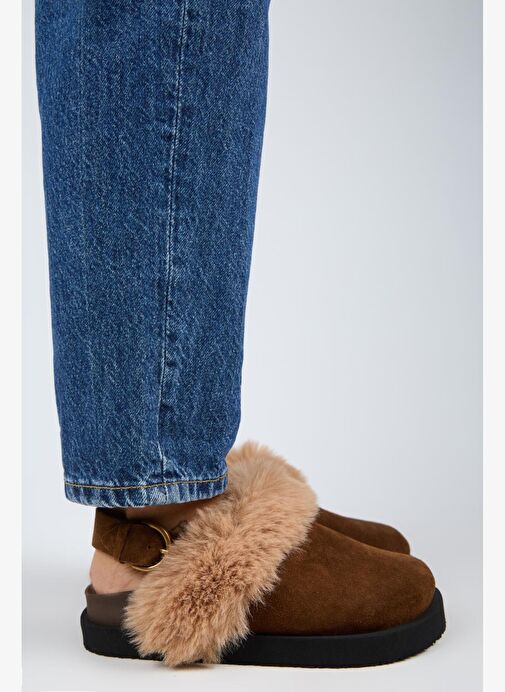 Manijero Antonella Kürklü Kadın Hakiki Deri Arkadan Kemerli Platform Sabo Taba Sandalet - Görsel 2