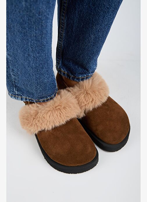 Manijero Antonella Kürklü Kadın Hakiki Deri Arkadan Kemerli Platform Sabo Taba Sandalet - Görsel 3