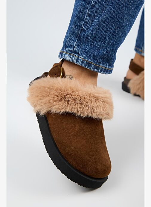 Manijero Antonella Kürklü Kadın Hakiki Deri Arkadan Kemerli Platform Sabo Taba Sandalet - Görsel 4