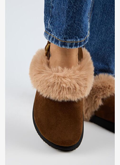 Manijero Antonella Kürklü Kadın Hakiki Deri Arkadan Kemerli Platform Sabo Taba Sandalet - Görsel 5