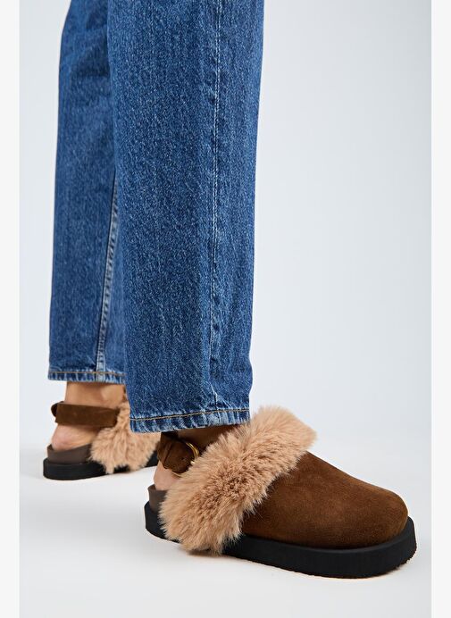 Manijero Antonella Kürklü Kadın Hakiki Deri Arkadan Kemerli Platform Sabo Taba Sandalet - Görsel 6