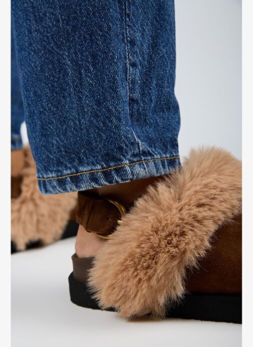 Manijero Antonella Kürklü Kadın Hakiki Deri Arkadan Kemerli Platform Sabo Taba Sandalet - Görsel 7