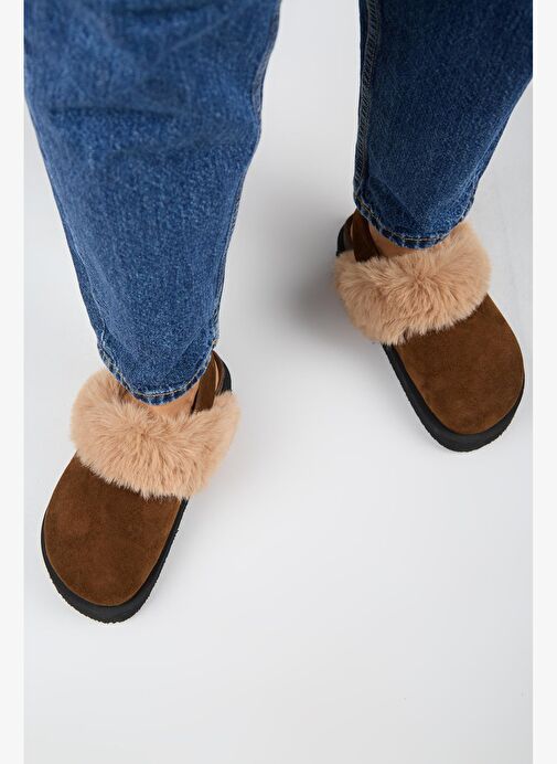 Manijero Antonella Kürklü Kadın Hakiki Deri Arkadan Kemerli Platform Sabo Taba Sandalet - Görsel 8