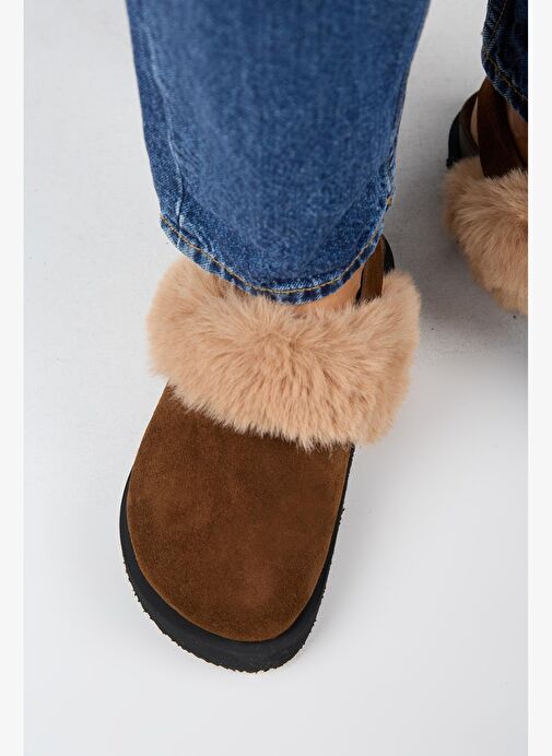 Manijero Antonella Kürklü Kadın Hakiki Deri Arkadan Kemerli Platform Sabo Taba Sandalet - Görsel 9