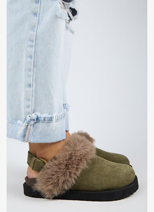 Manijero Antonella Kürklü Kadın Hakiki Deri Arkadan Kemerli Platform Sabo Haki Sandalet - Görsel 2