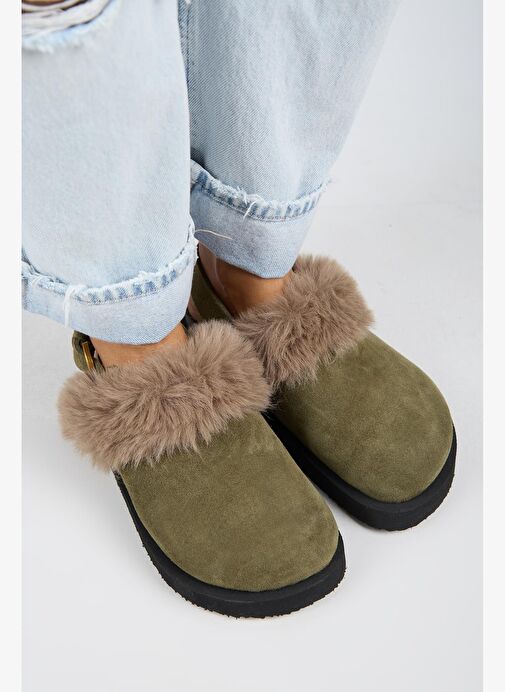 Manijero Antonella Kürklü Kadın Hakiki Deri Arkadan Kemerli Platform Sabo Haki Sandalet - Görsel 3