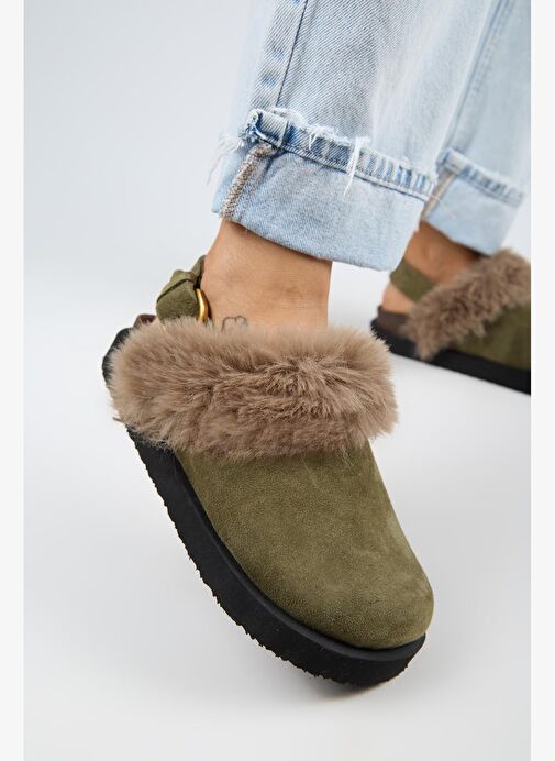 Manijero Antonella Kürklü Kadın Hakiki Deri Arkadan Kemerli Platform Sabo Haki Sandalet - Görsel 4