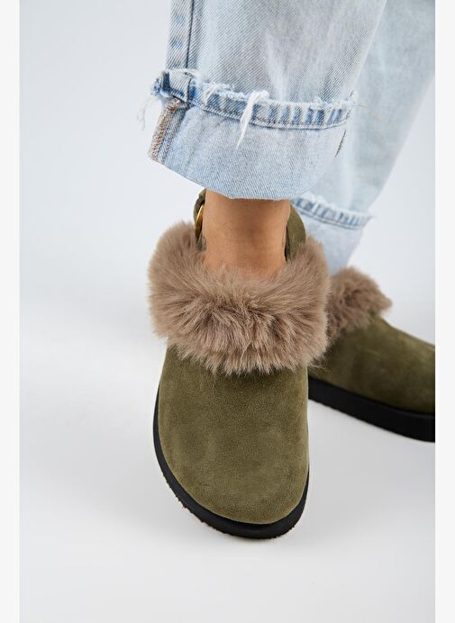 Manijero Antonella Kürklü Kadın Hakiki Deri Arkadan Kemerli Platform Sabo Haki Sandalet - Görsel 5