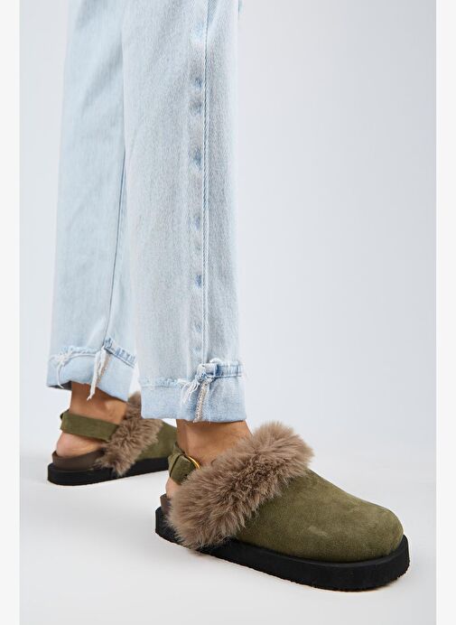 Manijero Antonella Kürklü Kadın Hakiki Deri Arkadan Kemerli Platform Sabo Haki Sandalet - Görsel 6