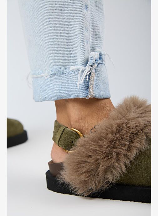 Manijero Antonella Kürklü Kadın Hakiki Deri Arkadan Kemerli Platform Sabo Haki Sandalet - Görsel 7