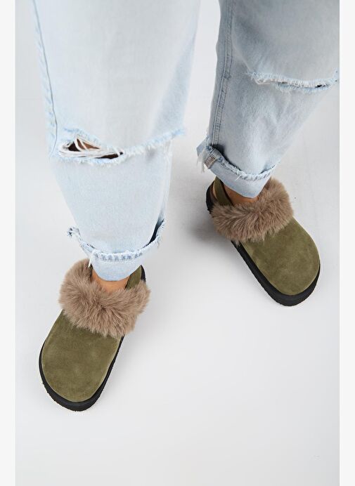 Manijero Antonella Kürklü Kadın Hakiki Deri Arkadan Kemerli Platform Sabo Haki Sandalet - Görsel 8