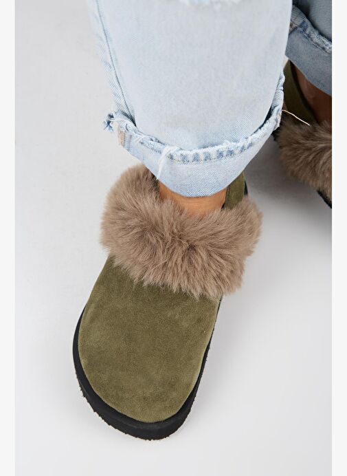 Manijero Antonella Kürklü Kadın Hakiki Deri Arkadan Kemerli Platform Sabo Haki Sandalet - Görsel 9