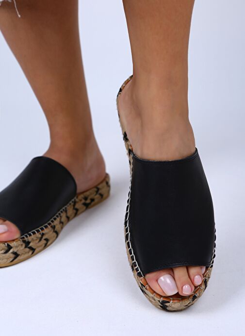 Manijero Galena Hakiki Deri Önü Açık Tek Bant Siyah Terlik - Görsel 5