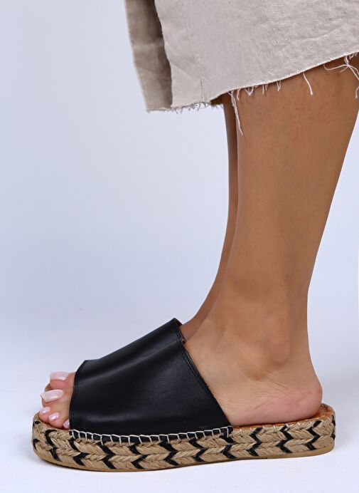 Manijero Galena Hakiki Deri Önü Açık Tek Bant Siyah Terlik - Görsel 6