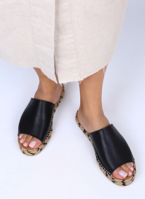 Manijero Galena Hakiki Deri Önü Açık Tek Bant Siyah Terlik - Görsel 2