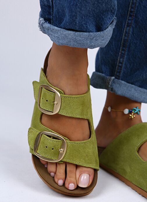 Manijero Irene Hakiki Deri Çift Tokalı Fıstık Yeşil Terlik - Görsel 6