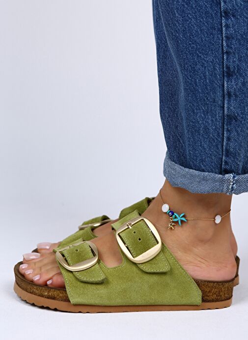 Manijero Irene Hakiki Deri Çift Tokalı Fıstık Yeşil Terlik - Görsel 5