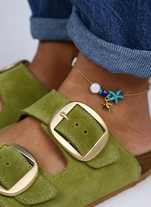 Manijero Irene Hakiki Deri Çift Tokalı Fıstık Yeşil Terlik - Görsel 3