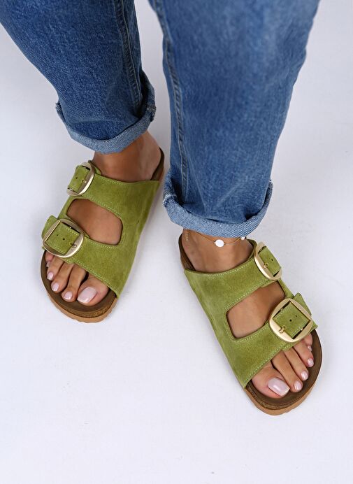 Manijero Irene Hakiki Deri Çift Tokalı Fıstık Yeşil Terlik - Görsel 2