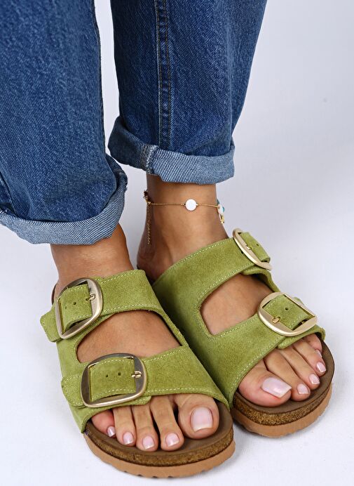 Manijero Irene Hakiki Deri Çift Tokalı Fıstık Yeşil Terlik - Görsel 4