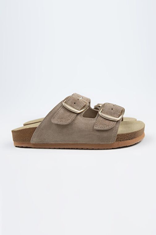 Manijero Irene Hakiki Deri Çift Tokalı Vizon Terlik - Görsel 2