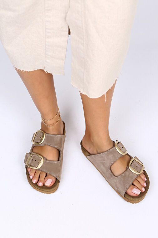 Manijero Irene Hakiki Deri Çift Tokalı Vizon Terlik - Görsel 5