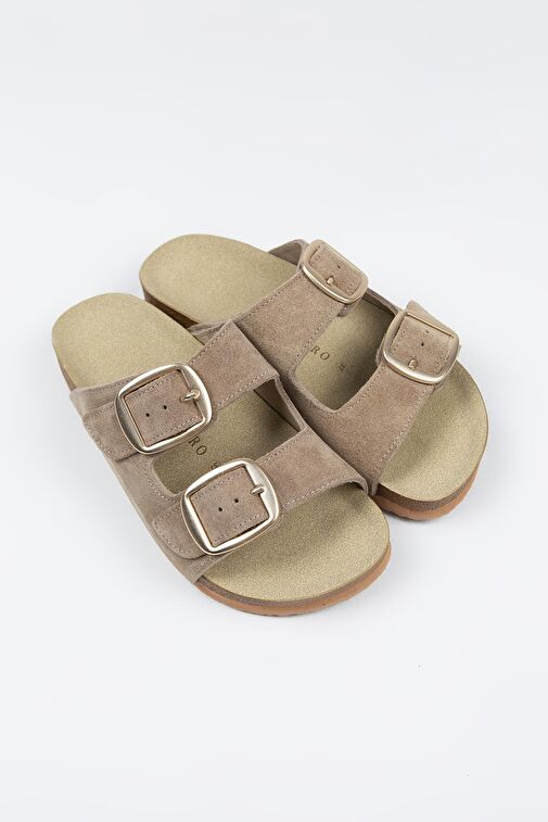 Manijero Irene Hakiki Deri Çift Tokalı Vizon Terlik - Görsel 9