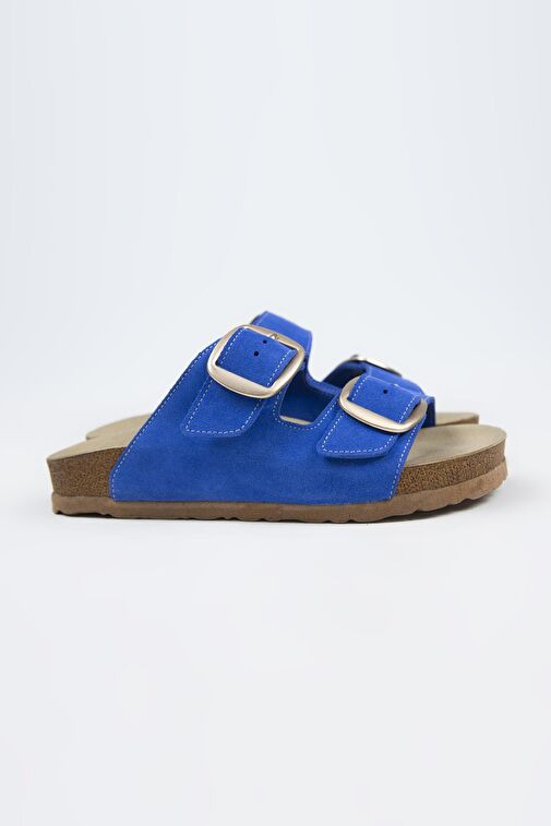 Manijero Irene Hakiki Deri Çift Tokalı Mavi Terlik - Görsel 2