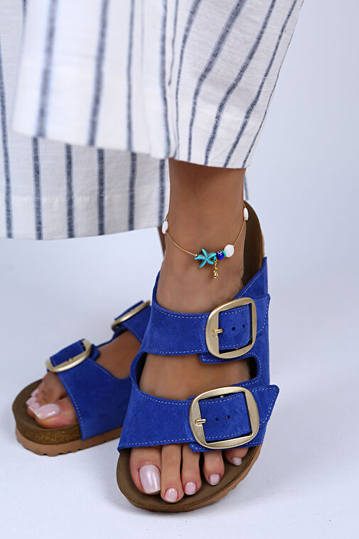 Manijero Irene Hakiki Deri Çift Tokalı Mavi Terlik - Görsel 3