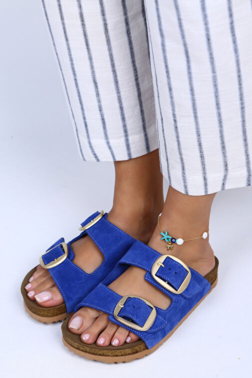 Manijero Irene Hakiki Deri Çift Tokalı Mavi Terlik - Görsel 5