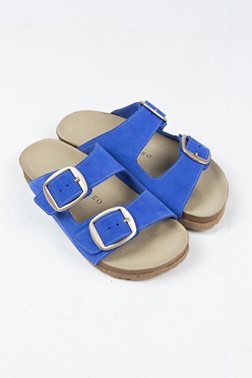 Manijero Irene Hakiki Deri Çift Tokalı Mavi Terlik - Görsel 7