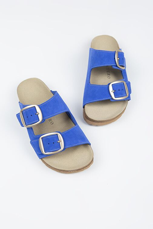 Manijero Irene Hakiki Deri Çift Tokalı Mavi Terlik - Görsel 8