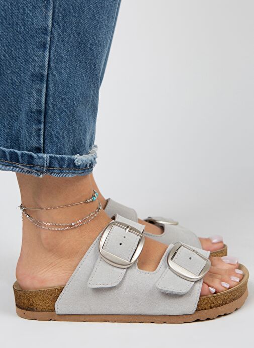 Manijero Gri-Gümüş Kadın Deri Terlik MNJ.010.14 - Görsel 6