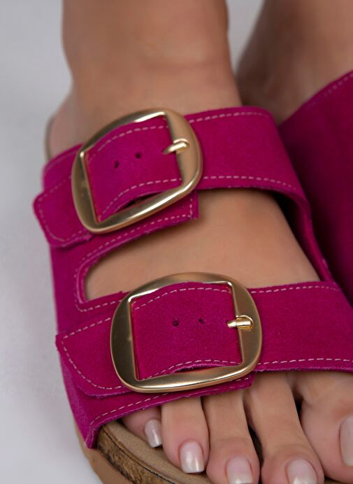 Manijero Fuşya-Gold Kadın Deri Terlik MNJ.010.16 - Görsel 4