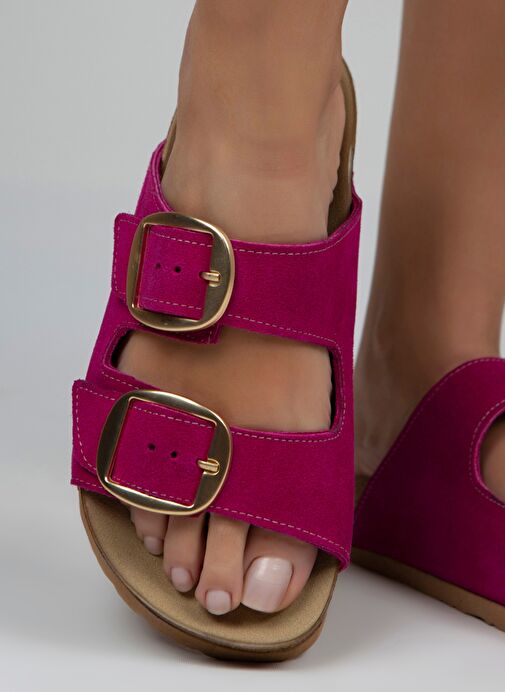 Manijero Fuşya-Gold Kadın Deri Terlik MNJ.010.16 - Görsel 2