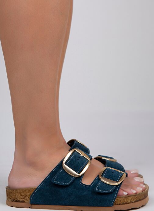 Manijero Petrol-Gold Kadın Süet Terlik MNJ.010.17 - Görsel 6