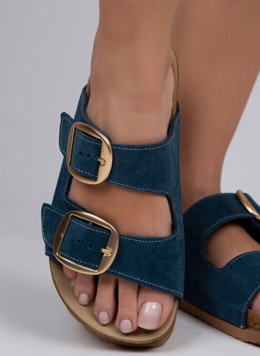 Manijero Petrol-Gold Kadın Süet Terlik MNJ.010.17 - Görsel 3