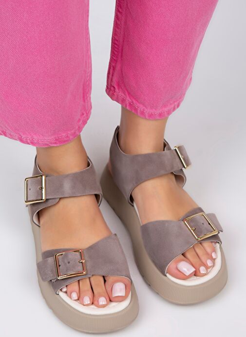 Manijero Vena Kadın Hakiki Deri Tokalı Vizon Sandalet - Görsel 6