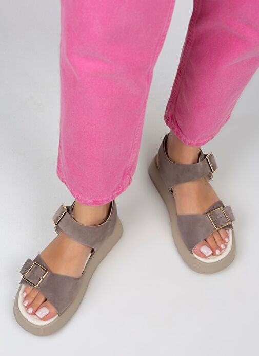 Manijero Vena Kadın Hakiki Deri Tokalı Vizon Sandalet - Görsel 3