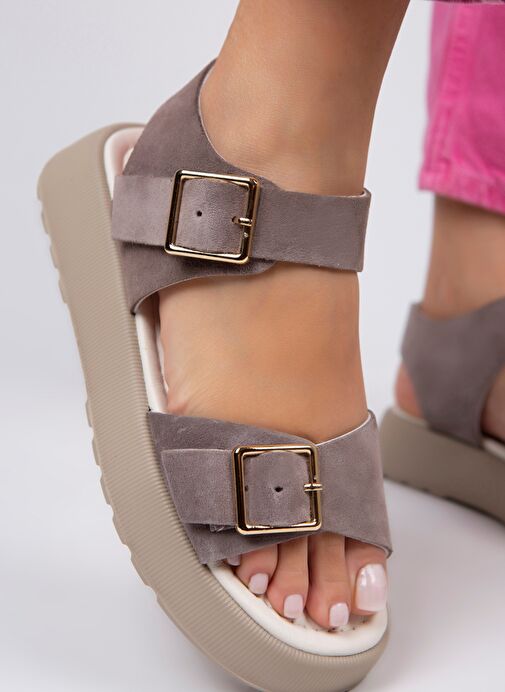 Manijero Vena Kadın Hakiki Deri Tokalı Vizon Sandalet - Görsel 2